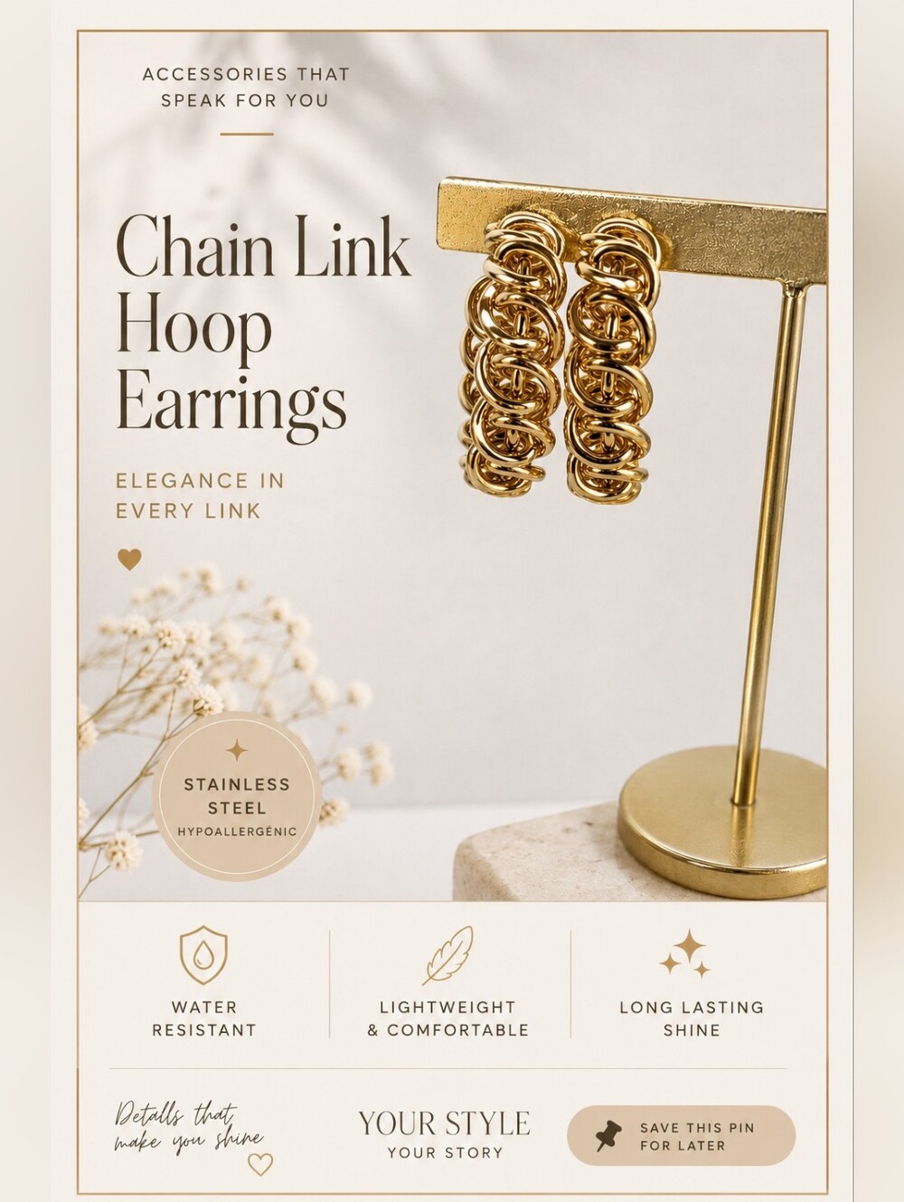 Gold Filled Chain Link Hoop Earrings Hypoallergenic Statement